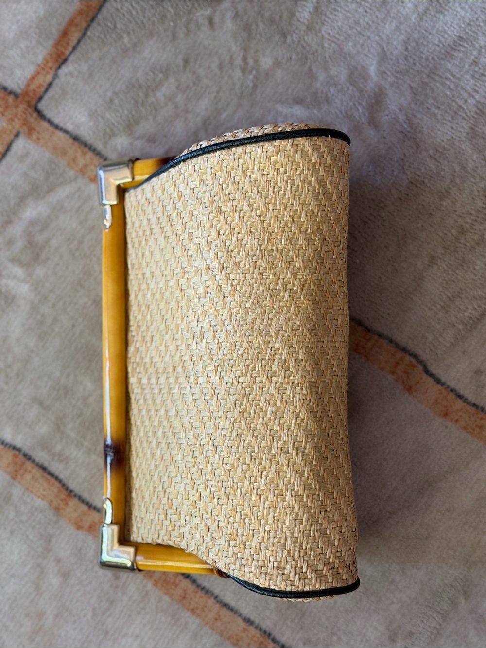 Vtg Cara Woven Straw Clutch with Bamboo Frame - Natural